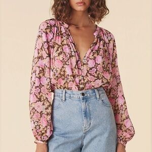 SPELL Enchanted Wood Long Sleeve Sugar Rose Floral Organic Cotton Blouse Top